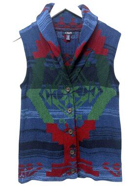 Chaps Denim Southwest Sweater Vest Blue Aztec Button Front Cotton Blend